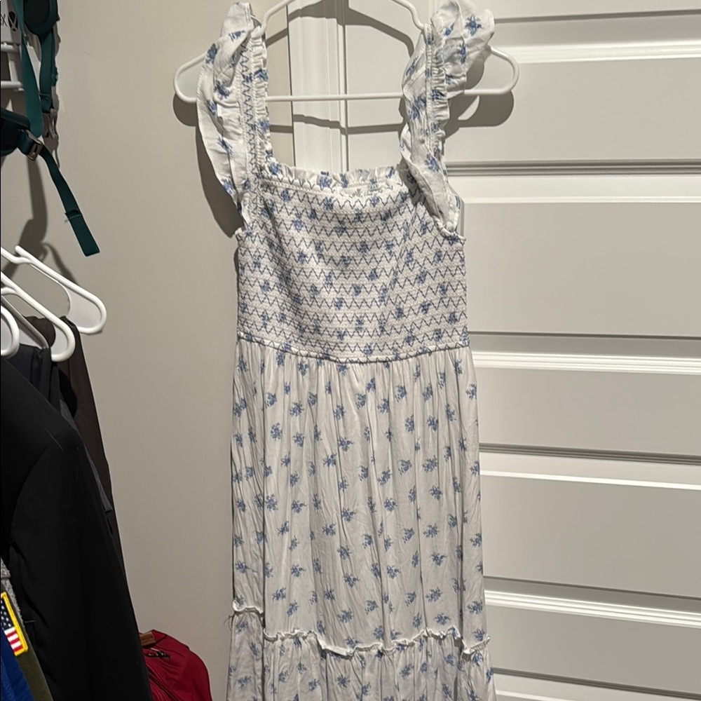 White and Blue Floral Dress with Ruffle Straps
